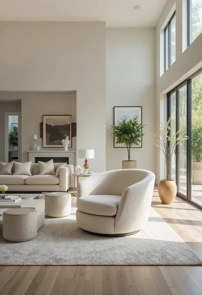 "Cream boucle swivel accent chair in a bright open plan modern living room with large windows"