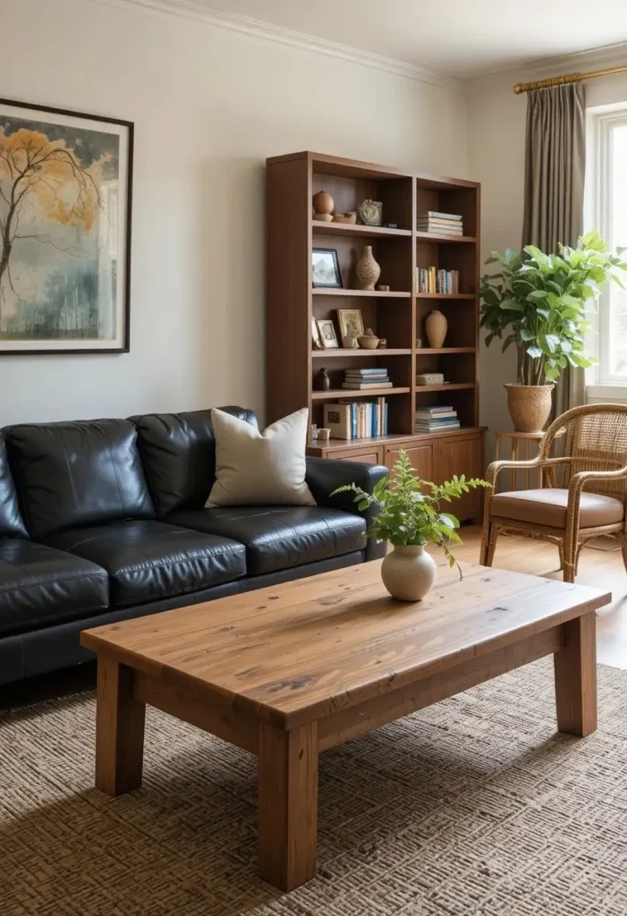  Black couch styled with warm wood furniture and rattan accents
