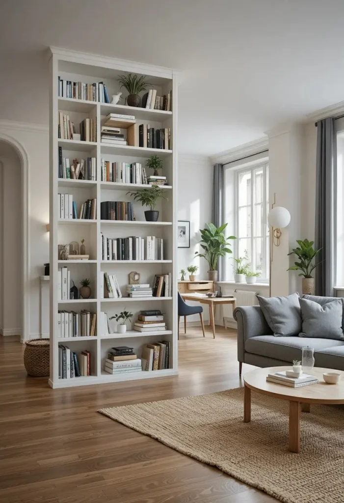 Open plan apartment living room using a tall white open bookshelf as a room divider to define a cozy seating zone in a tiny living space.