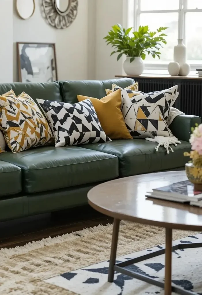 Green leather sofa styled with geometric patterned cushions in black white and mustard for a bold modern living room look