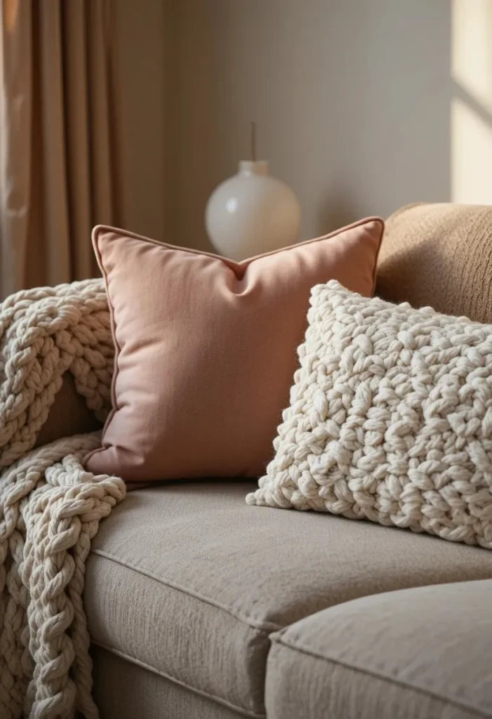 Cozy sofa in a small living room styled with mixed texture cushions in velvet, knit, and woven cotton with a chunky throw for warmth and depth.