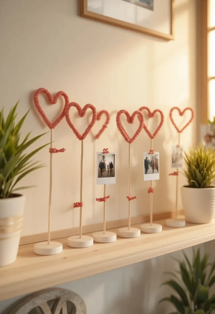 Handmade pipe cleaner heart shaped photo clip holders on white dowels displaying polaroid photos on a cozy wooden shelf
