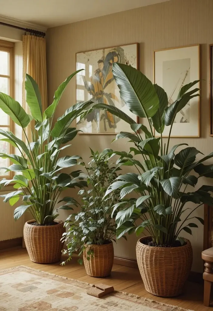 Houseplants in rattan planters in retro living room