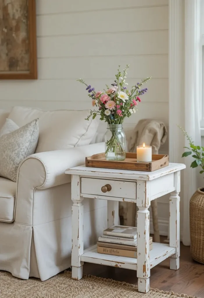  A white distressed farmhouse side table beside a linen sofa with wildflowers a candle and a wooden tray in a cozy cottage room.