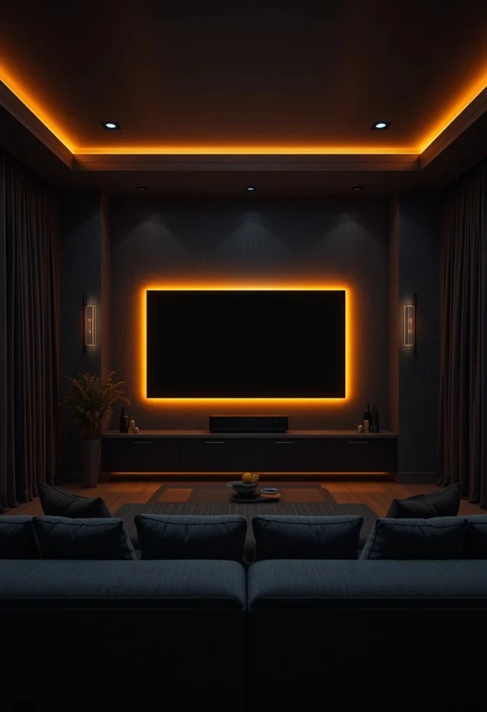 LED backlit TV wall with warm amber glow on dark charcoal wall creating cinematic mood in modern living room
