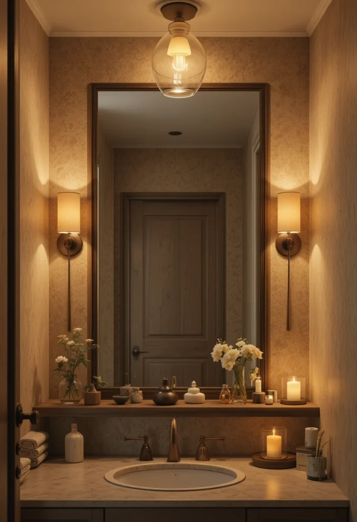 Layered bathroom lighting with wall sconces dimmer overhead light and candle glow creating a spa like atmosphere
