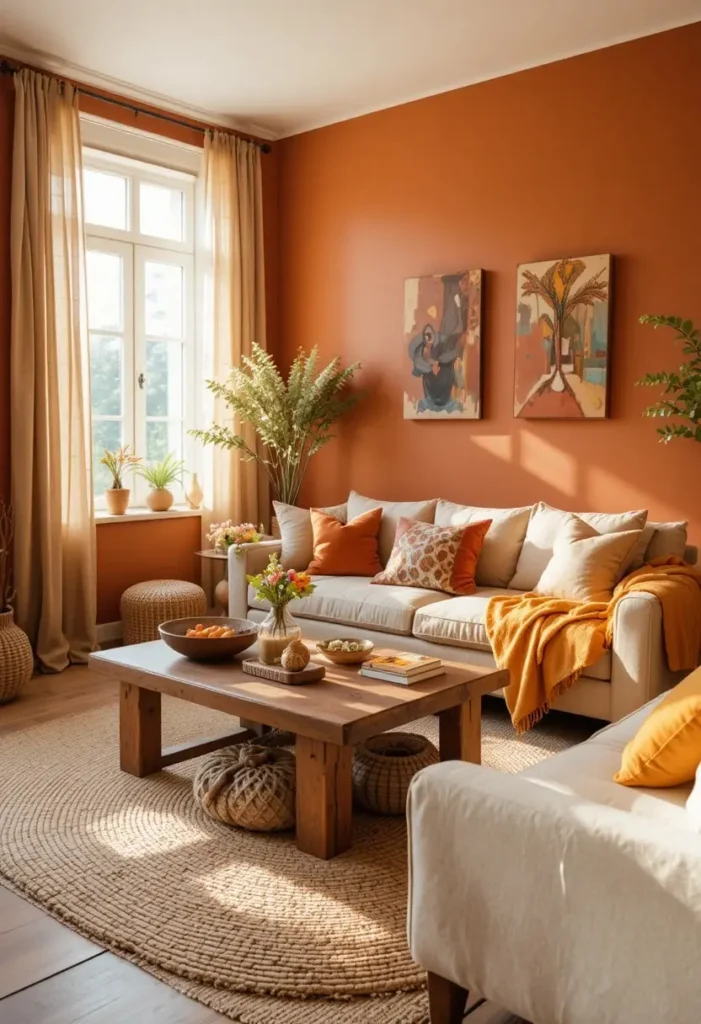  Boho living room with warm earthy color palette featuring terracotta walls mustard yellow throws and natural linen sofa