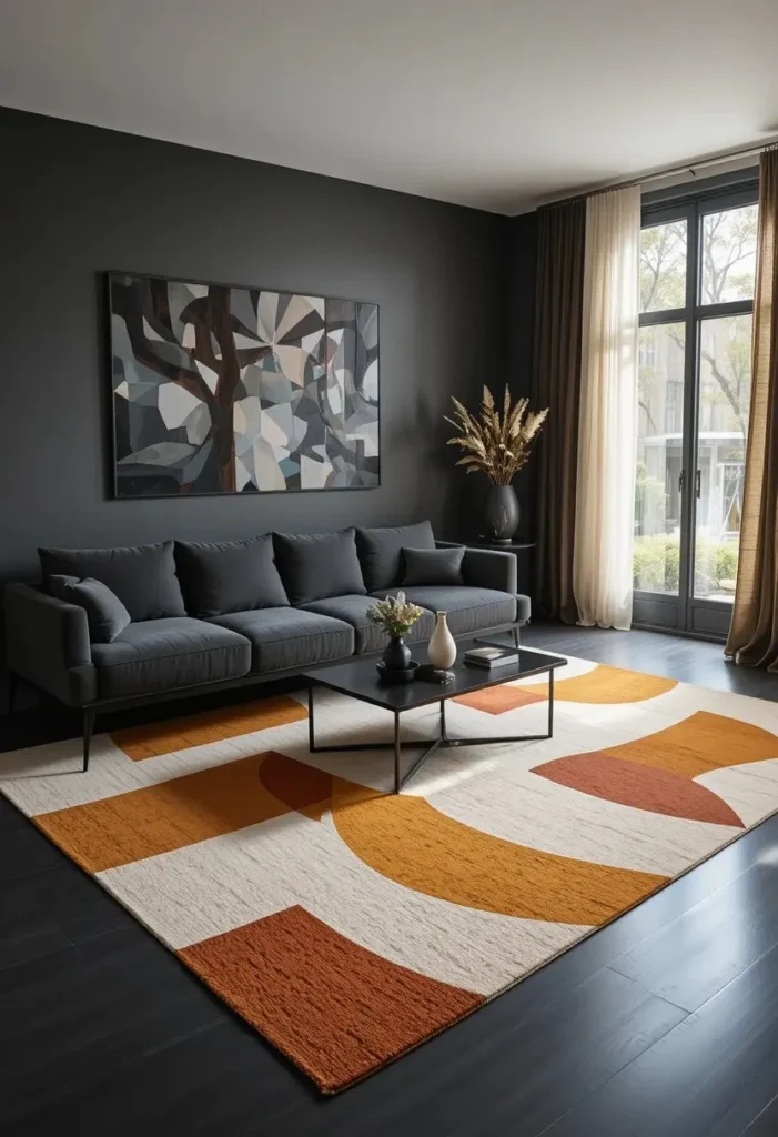 Black living room with large geometric cream mustard rust patterned rug charcoal sofa and natural light

