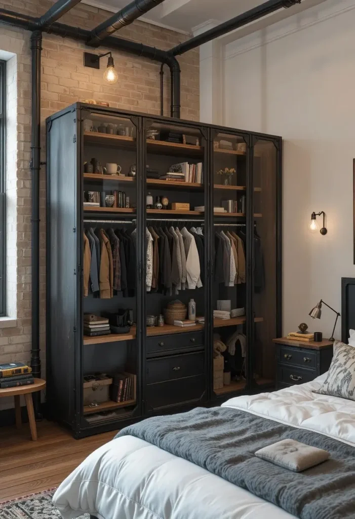 Industrial metal-frame wardrobe with rustic wooden shelves
