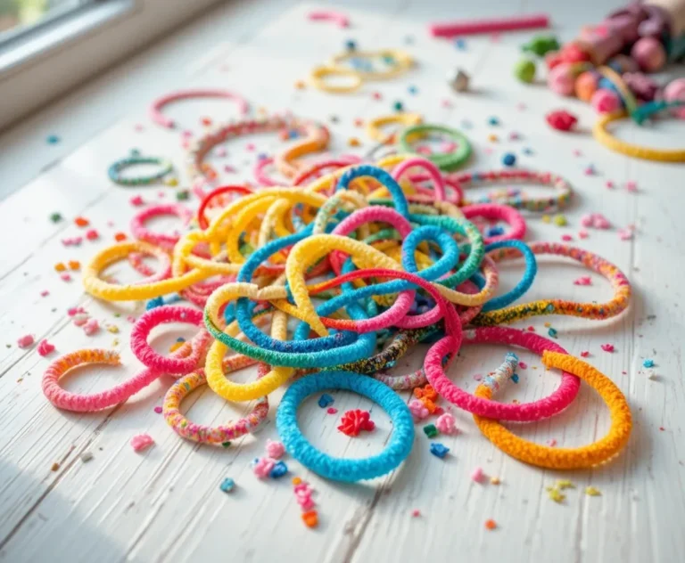 Colorful pipe cleaners spread on a white wooden table with soft natural light for creative craft ideas at home.