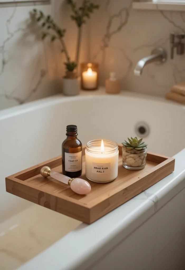 Spa ritual tray with candle bath oil face roller and small plant styled on edge of white soaking tub in spa bathroom
