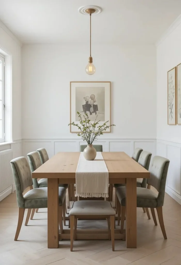 Small dining room with a three-tone color palette of warm white walls, honey oak table, and dusty green chair cushions for a cohesive look.
