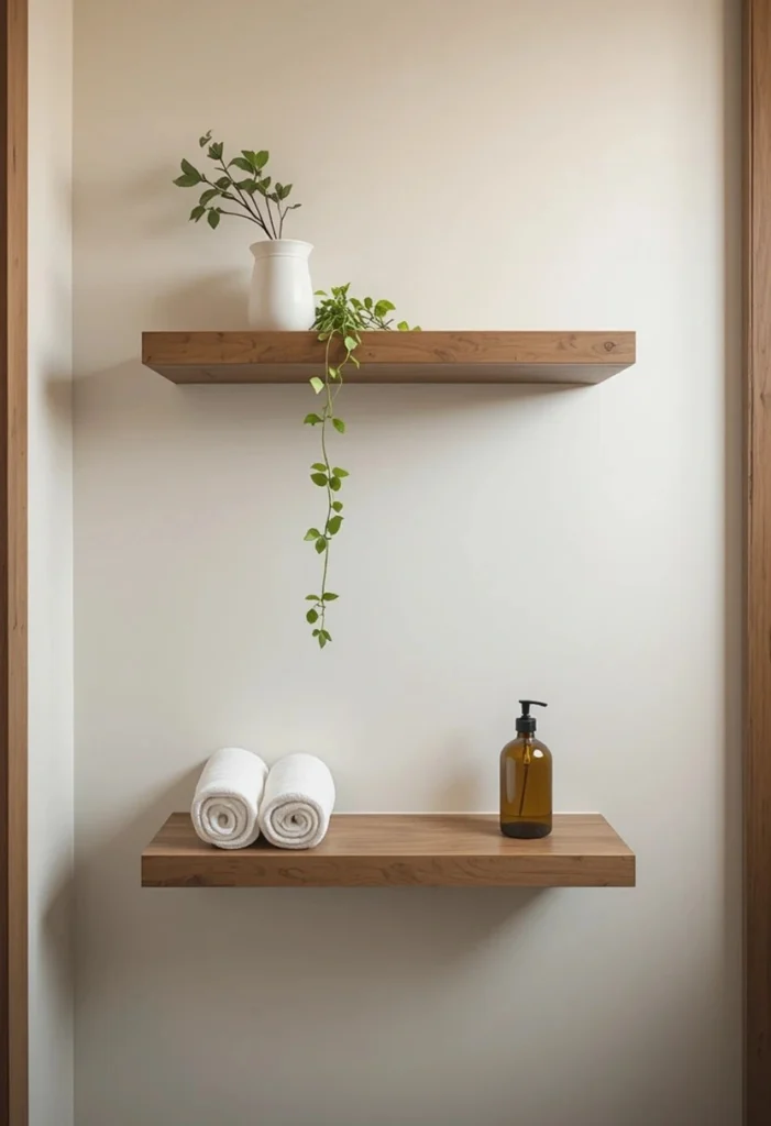 Natural wood floating shelves with plant ceramic jar and rolled white towels styled in a spa like bathroom