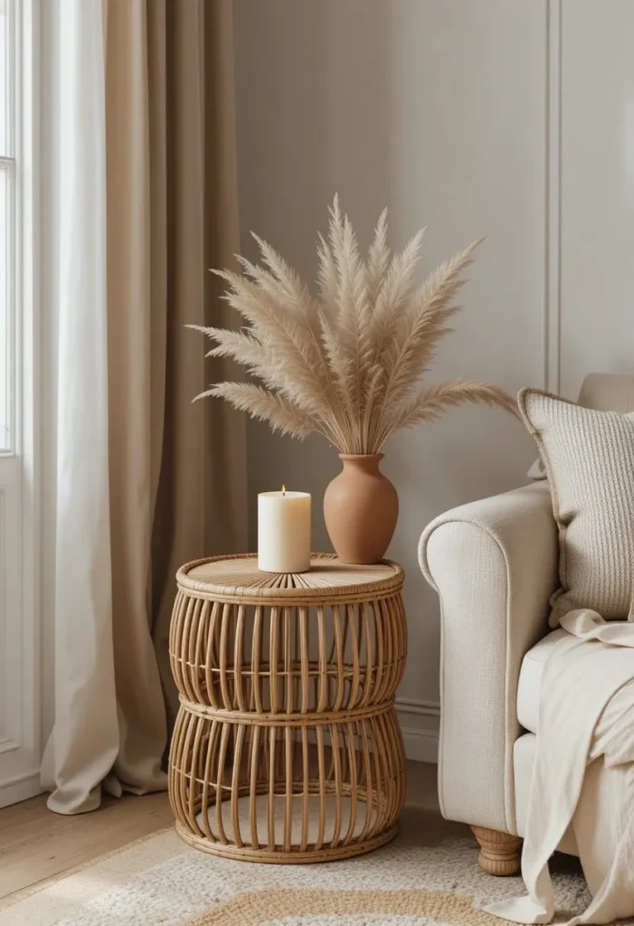 A natural rattan side table beside a cream linen sofa in a boho living room styled with pampas grass and a pillar candle.