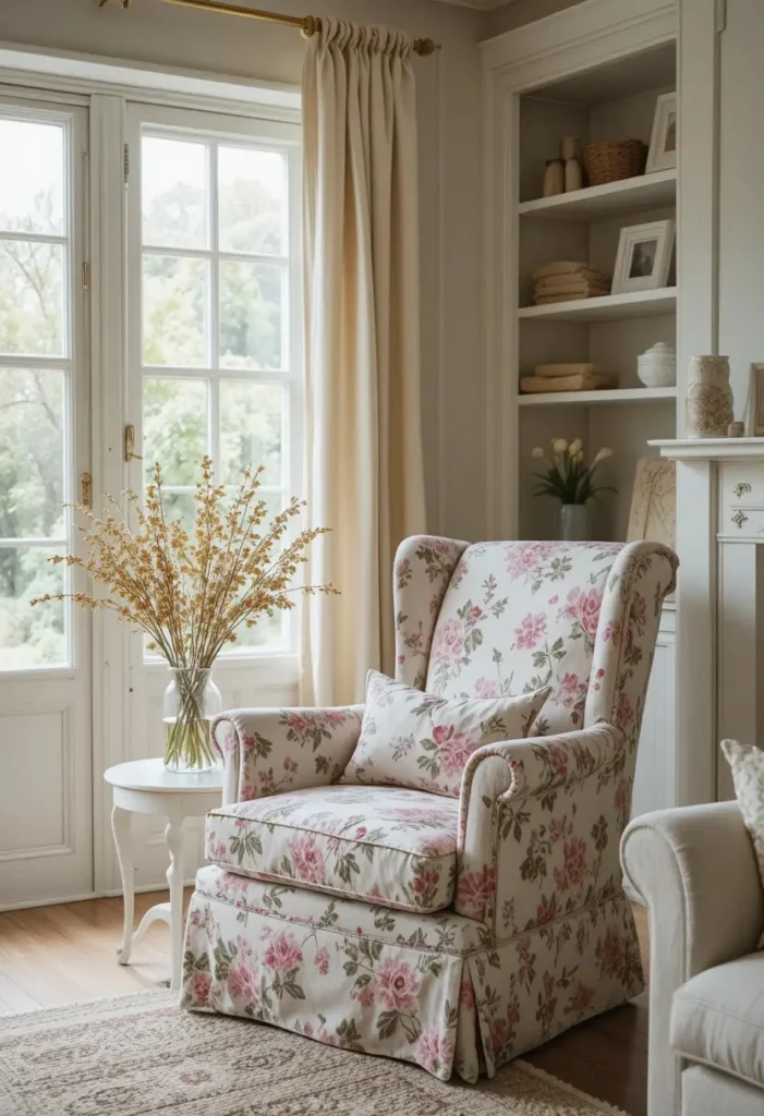 Soft floral printed accent chair in a bright romantic cottage core living room with linen curtains"
