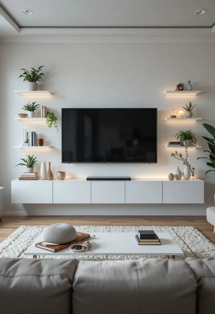  Floating shelves around TV on a white living room wall styled with plants books and candles