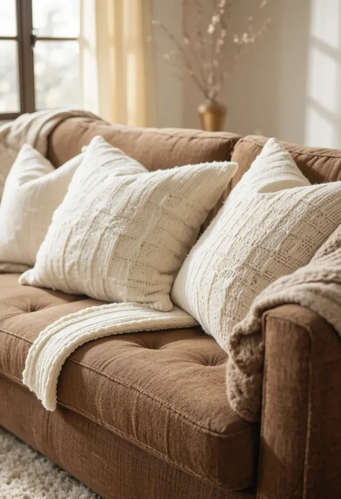 Brown couch styled with cream and ivory cushions chunky knit throw and soft ivory shag rug in warm natural light