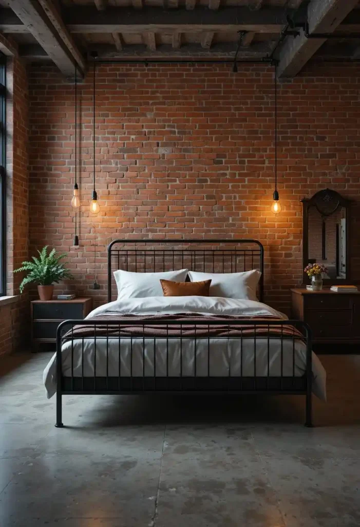 Industrial men bedroom with exposed brick wall iron bed frame and Edison bulb lighting