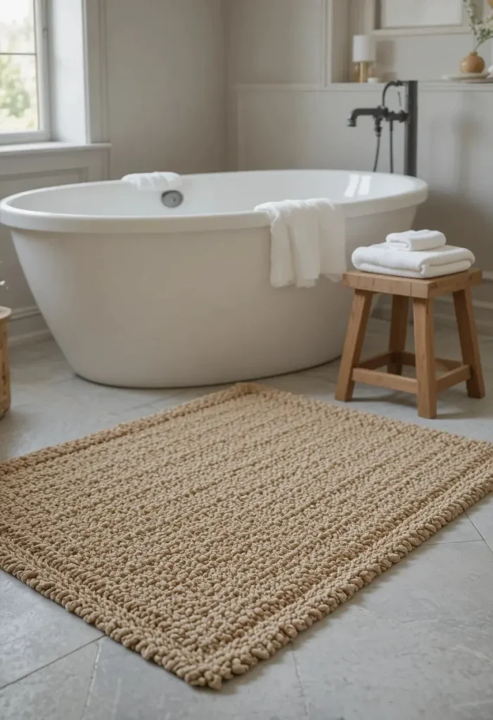Thick woven cotton bath mat in sandy beige on stone floor tiles in front of white soaking tub in spa like bathroom
