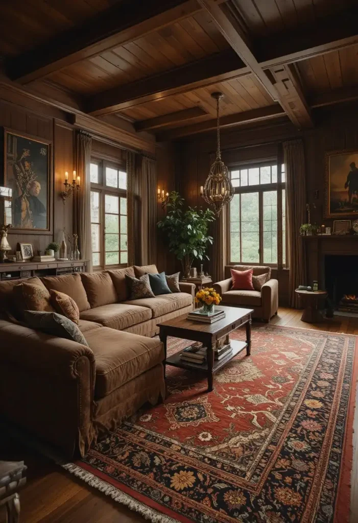 Brown couch anchored by vintage Persian rust orange rug with wooden coffee table and warm earthy living room styling