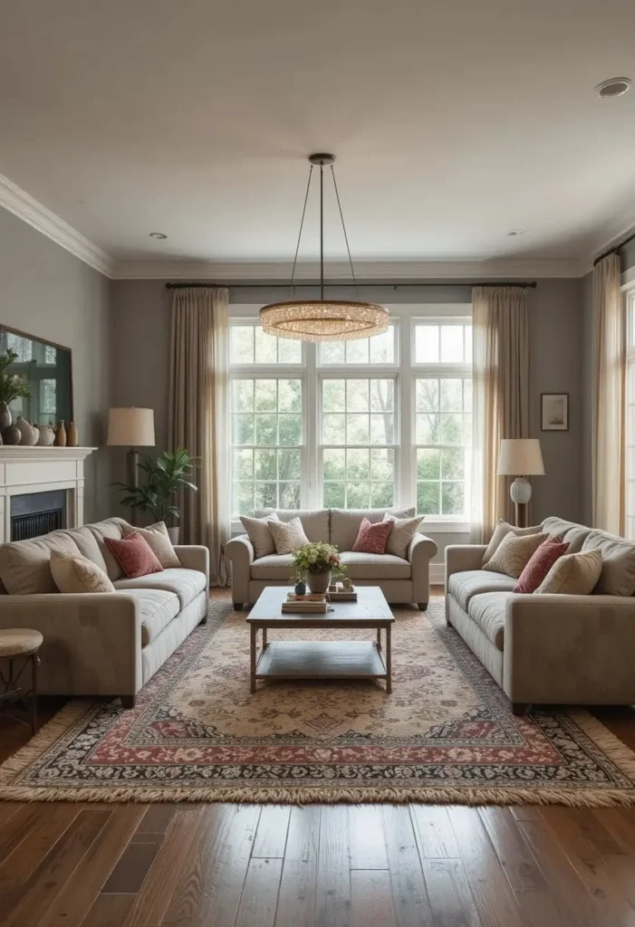 Budget friendly sunken living room look created with layered rugs low furniture and a centered pendant light without renovation

