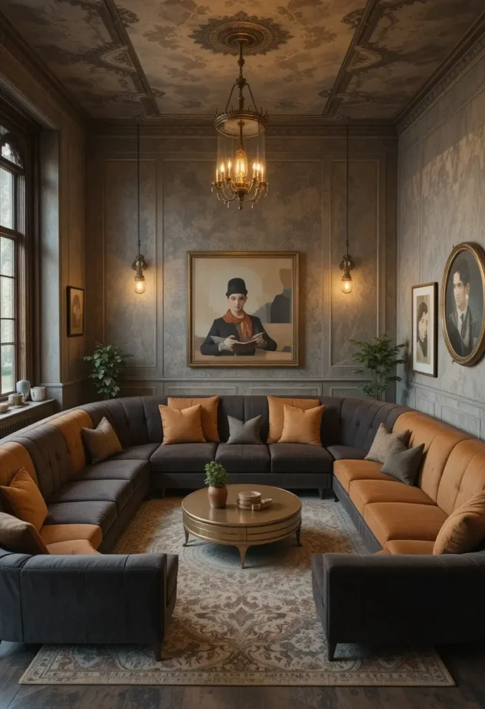  Classic conversation pit sunken living room with charcoal built-in seating and a round brass coffee table centerpiece