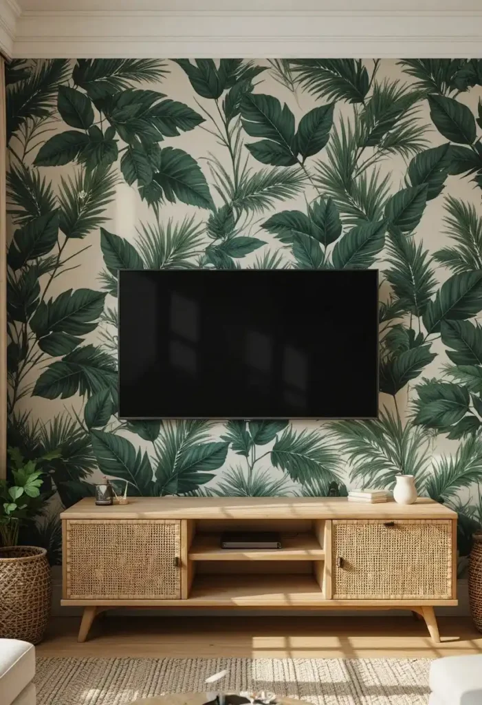 Bold tropical leaf wallpaper statement wall behind mounted TV with rattan media unit in a lush stylish living room
