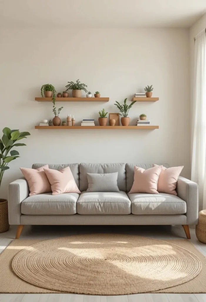 Warm white walls paired with grey couch living room styled with jute rug and blush pillows