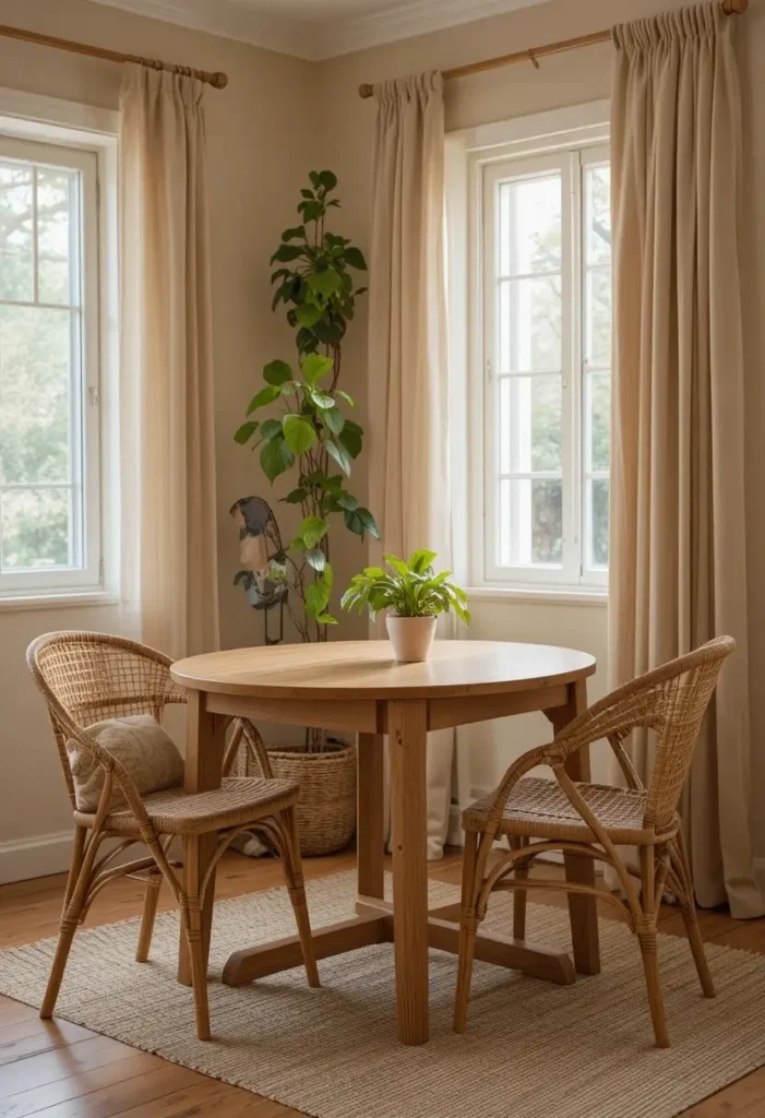 Natural wood table, rattan chairs, and trailing pothos plant in a small dining room for a warm earthy and cozy feel.