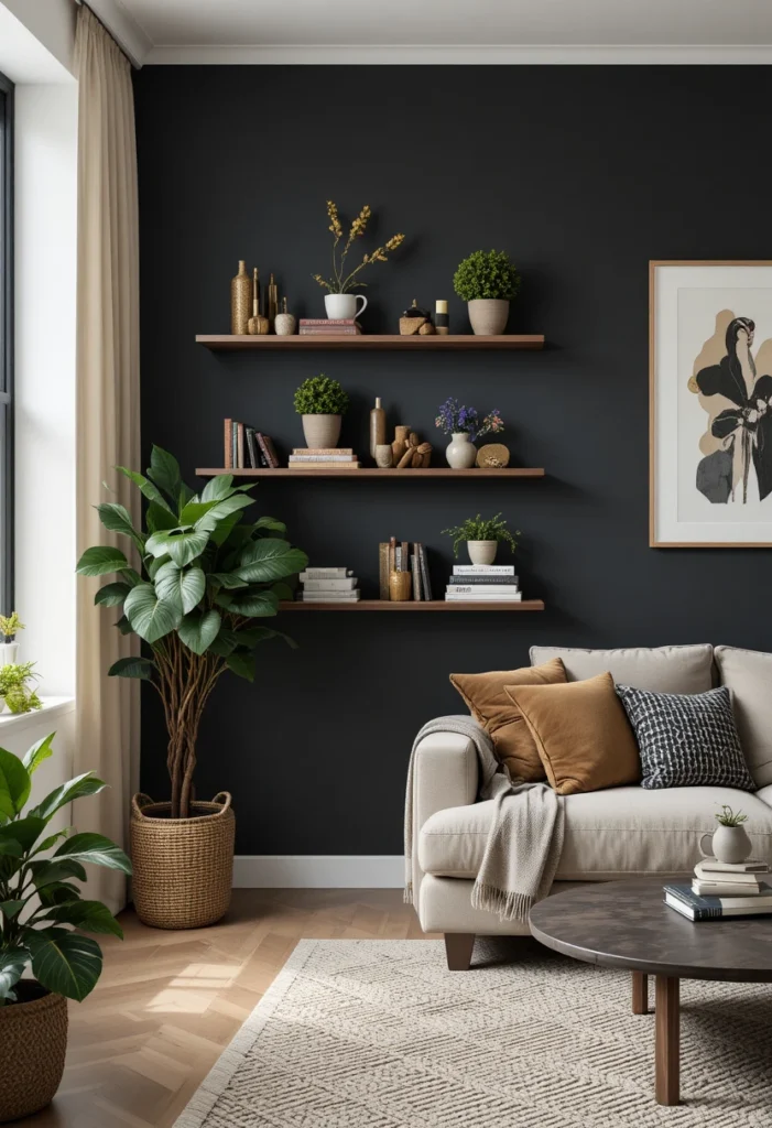 Black accent wall with warm walnut floating shelves plants and golden decor in living room
