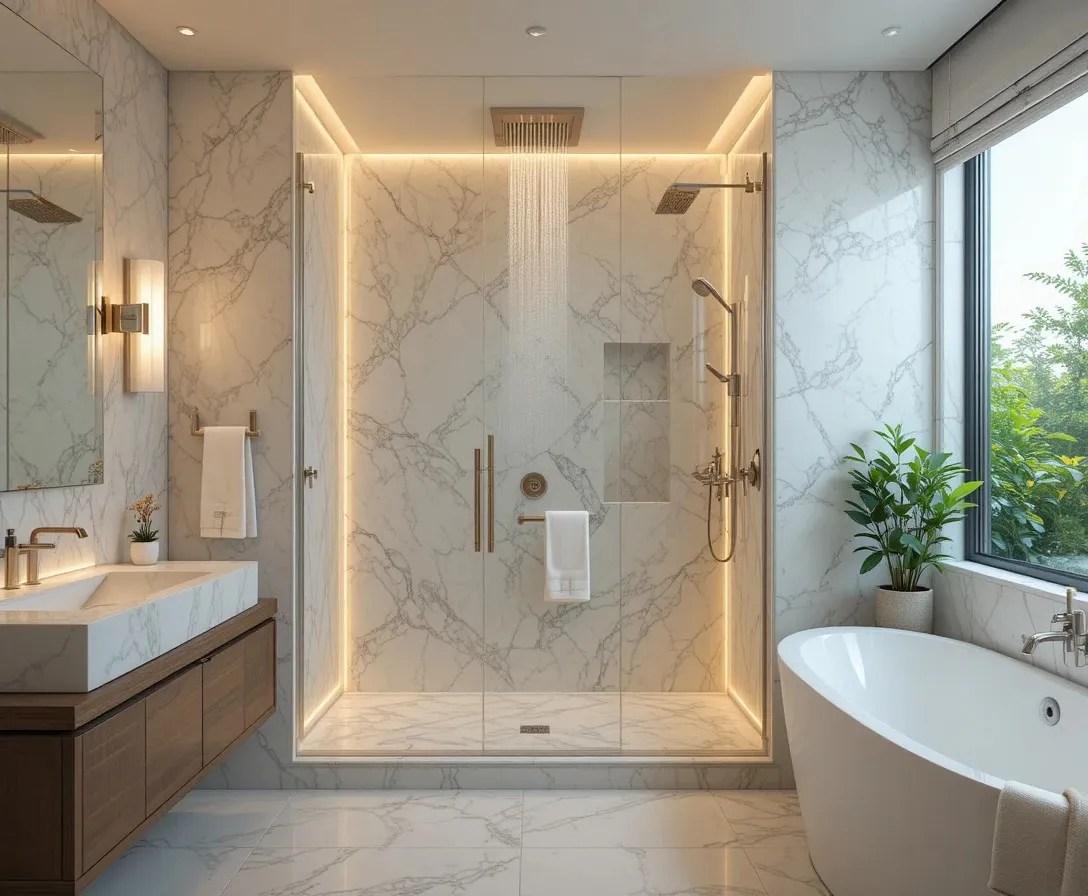 Modern shower remodel ideas featuring a luxury frameless glass shower and marble bathroom design.