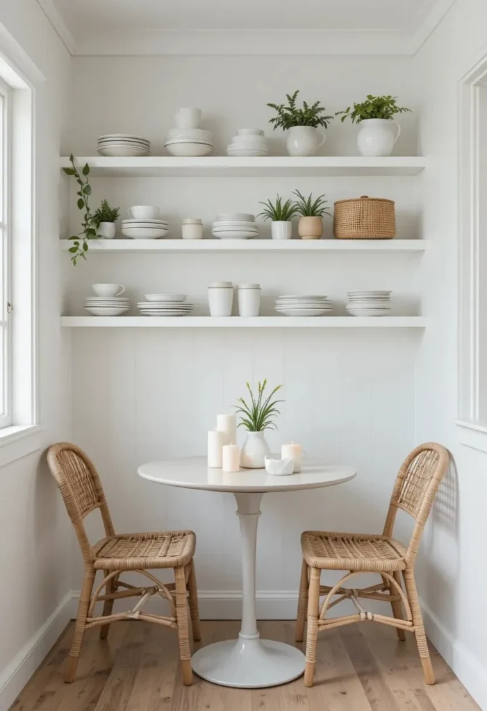 Open wall shelving in a small dining room styled with white dishes, plants, and candles above a compact dining table.
