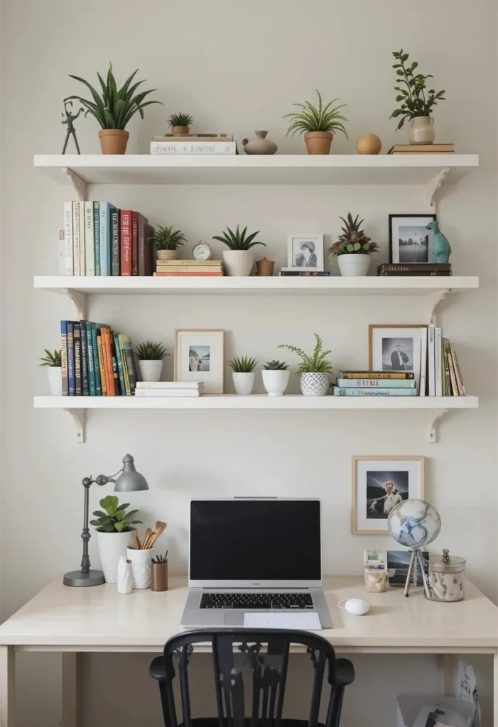 Floating shelves styled with books and plants in a teen bedroom
