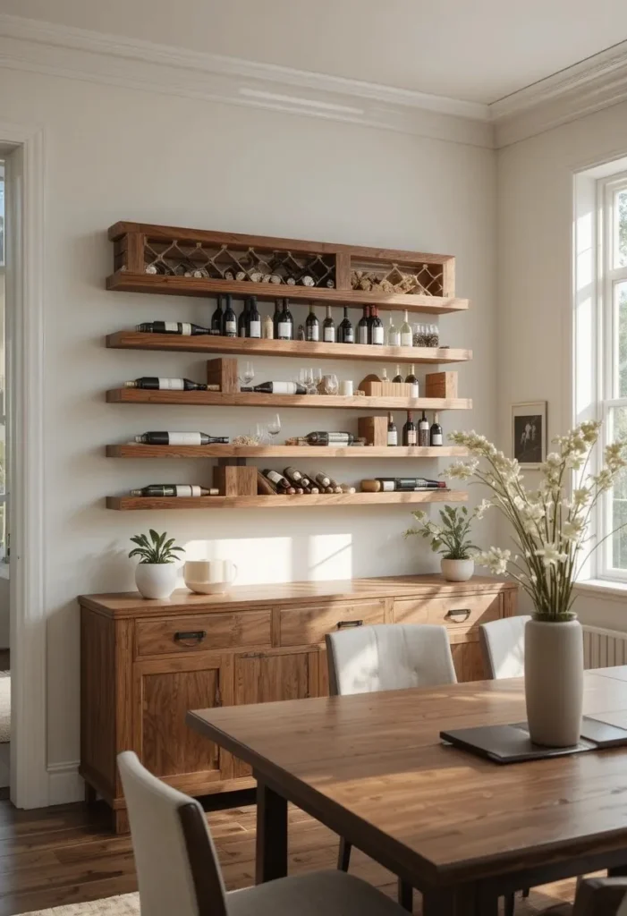 Classic walnut wooden wall wine rack mounted on a white dining room wall displaying wine bottles in a warm and elegant home setting.
