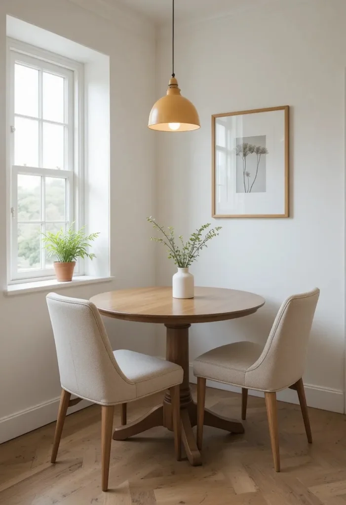 Cozy minimal small dining room with a wooden table, linen chairs, warm pendant light, and single wall art for a calm intentional look.
