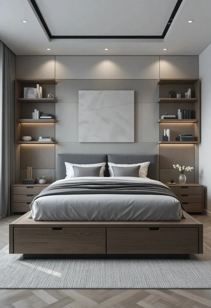 Men bedroom with under bed storage drawers floating shelves and organized minimal decor
