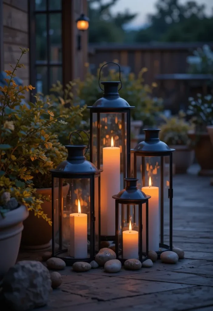 Patio evening decor with clustered lanterns and glowing candles creating a warm romantic outdoor atmosphere
