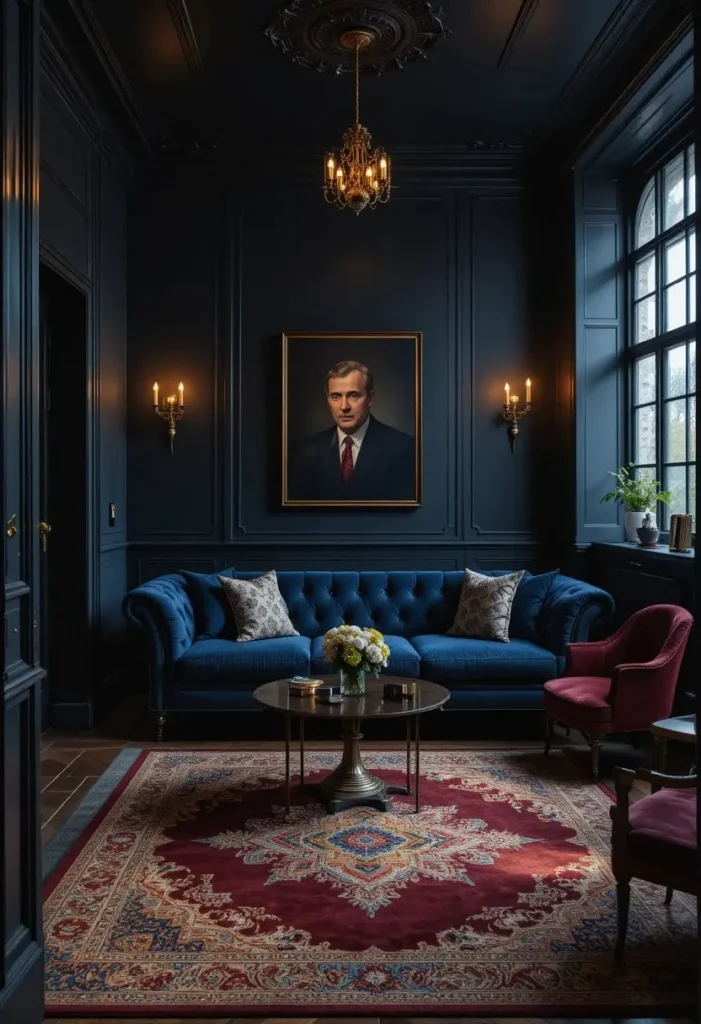 Dark moody sunken living room with midnight blue velvet sofa brass accents and warm Edison bulb lighting
