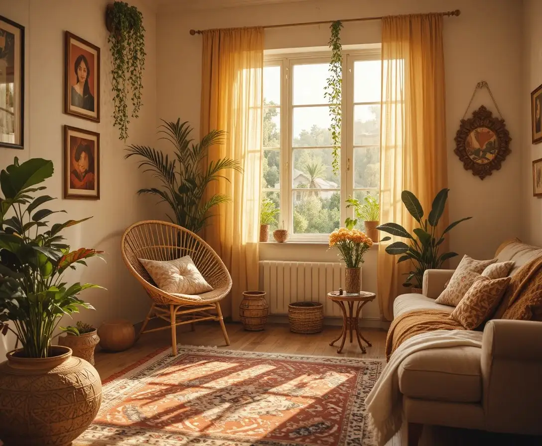 Cozy boho living room ideas with rattan furniture, earthy tones, layered rugs, and indoor plants in warm golden light
