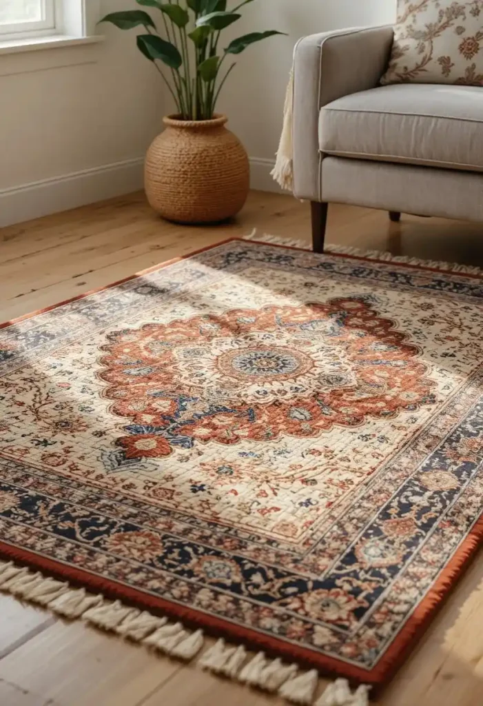 Boho living room rug layering idea with jute base rug and vintage Persian rug in earthy tones