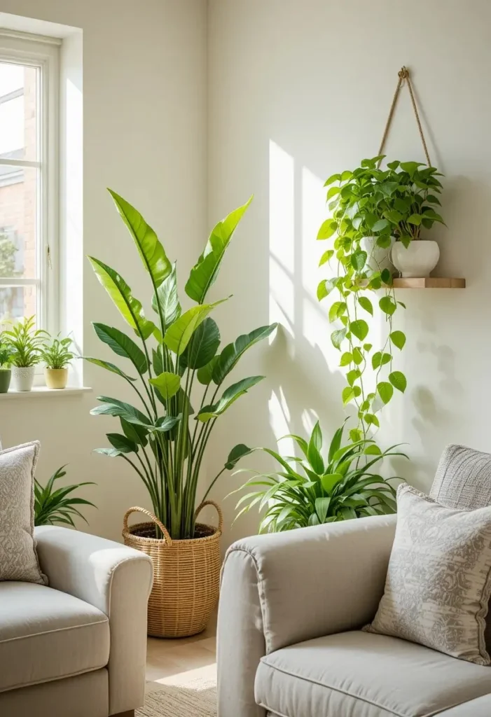 Tall snake plant and trailing pothos decorating a bright small living room adding natural life, color, and depth to the cozy space.

