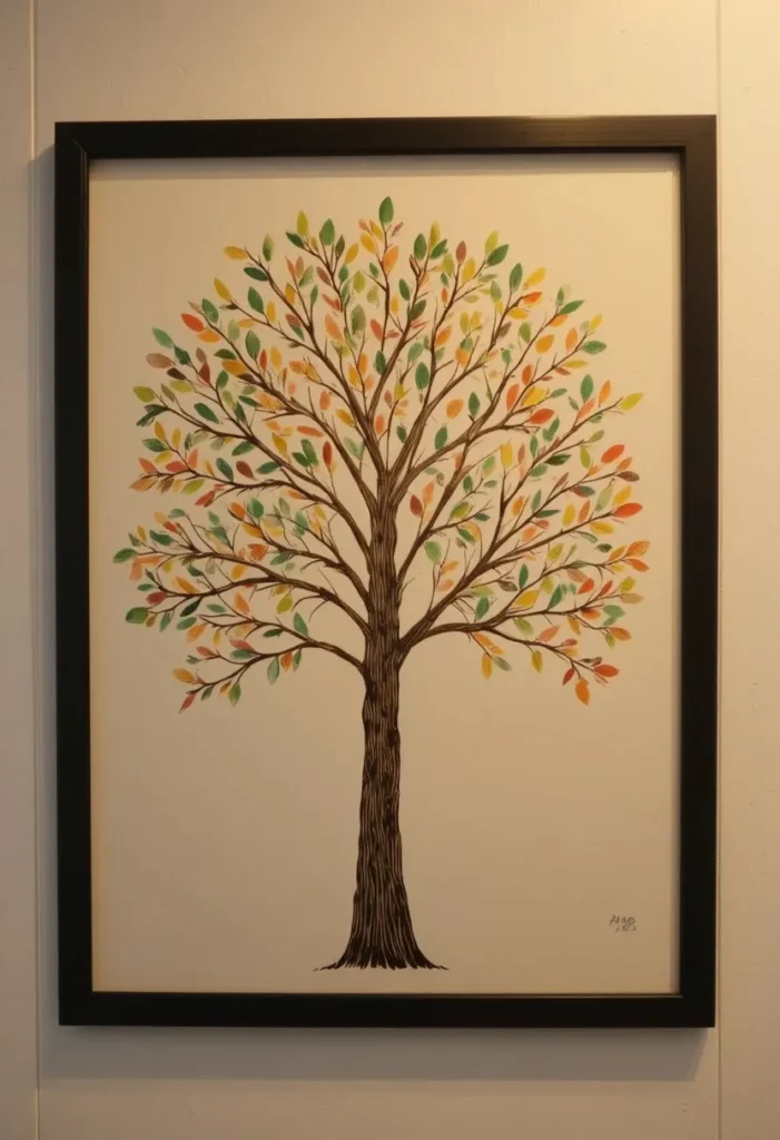 Fingerprint tree artwork fathers day craft for kids with colorful fingerprint leaves on cream cardstock