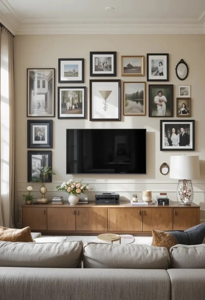 Gallery wall surrounding mounted TV with black frames art prints and mirrors in a warm neutral living room
