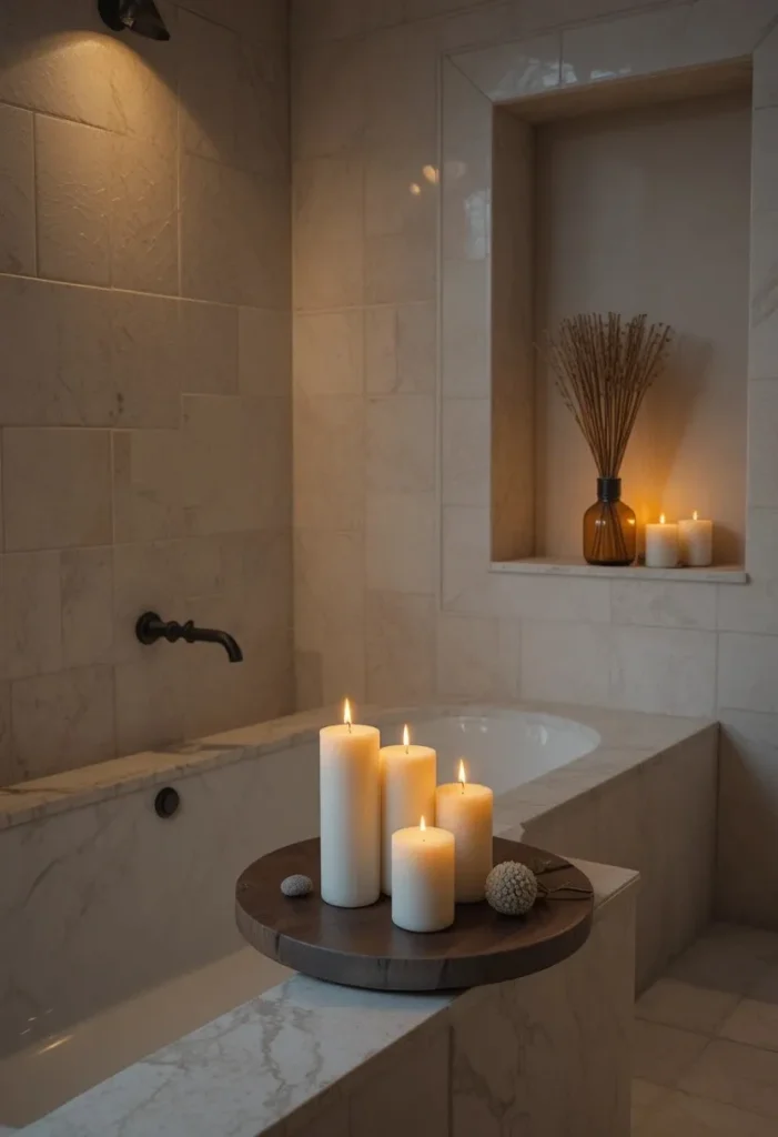 White pillar candles on wooden tray and reed diffuser creating soft scent and warm glow in a spa like bathroom
