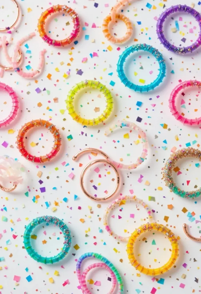  Colorful sparkly handmade pipe cleaner rings and bracelets in rainbow and rose gold tones scattered on a white background