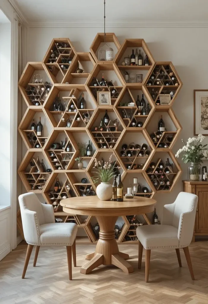 Hexagon honeycomb wine rack wall display made from natural wood.