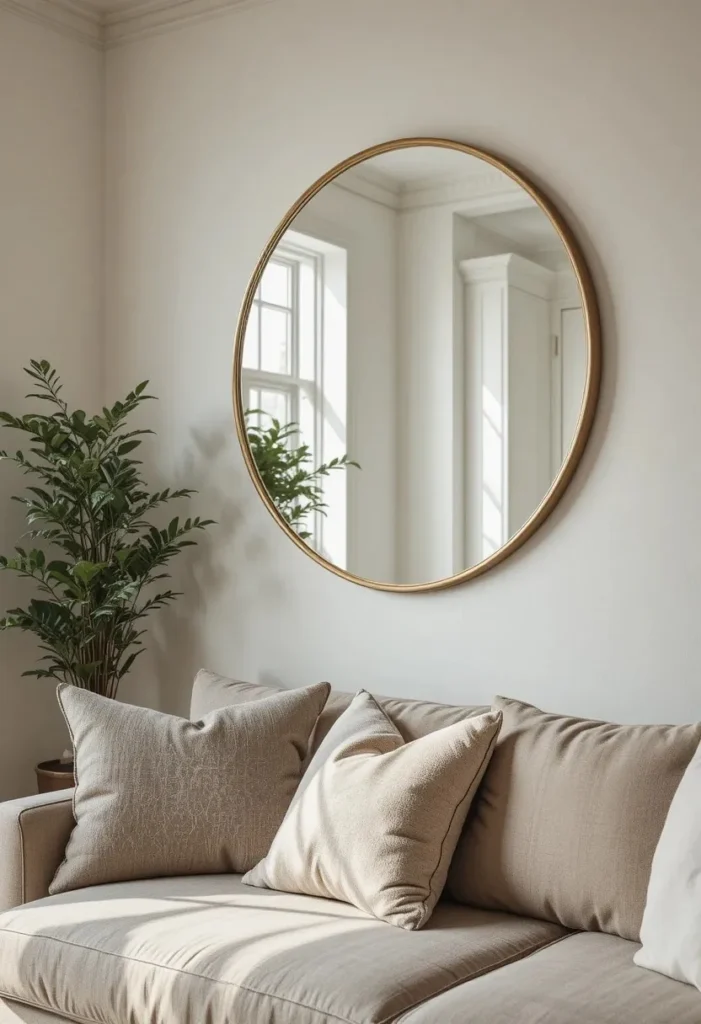 Large round gold framed mirror on white wall in a small living room reflecting natural light to create the illusion of a bigger space.
