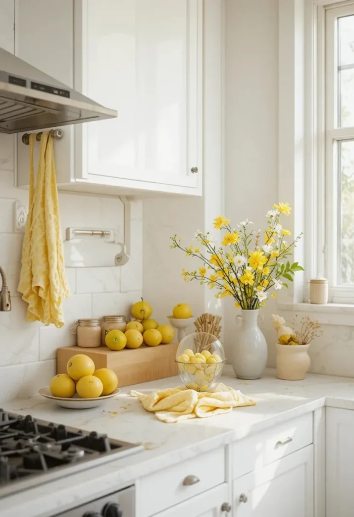 Yellow kitchen decor details including lemons, flowers, and towels on a clean countertop.
