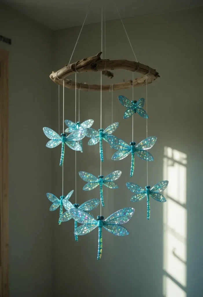 Handmade iridescent blue and green pipe cleaner dragonfly mobile hanging from a driftwood branch in soft morning light in a dreamy nursery room.