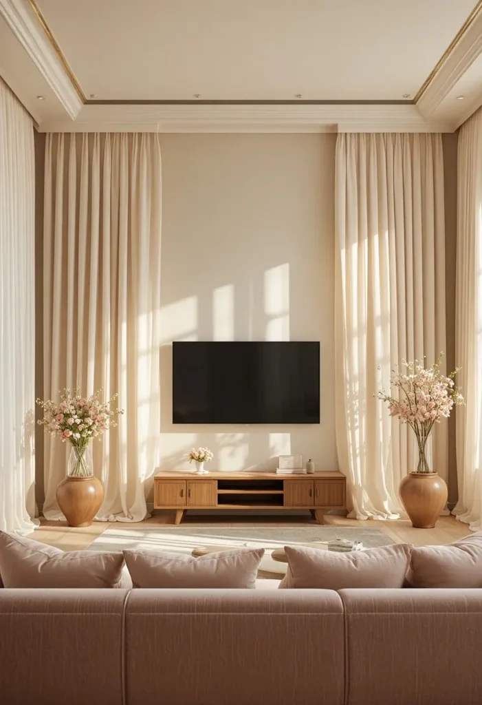 Floor to ceiling white linen curtains as a backdrop behind a TV in a romantic airy living room
